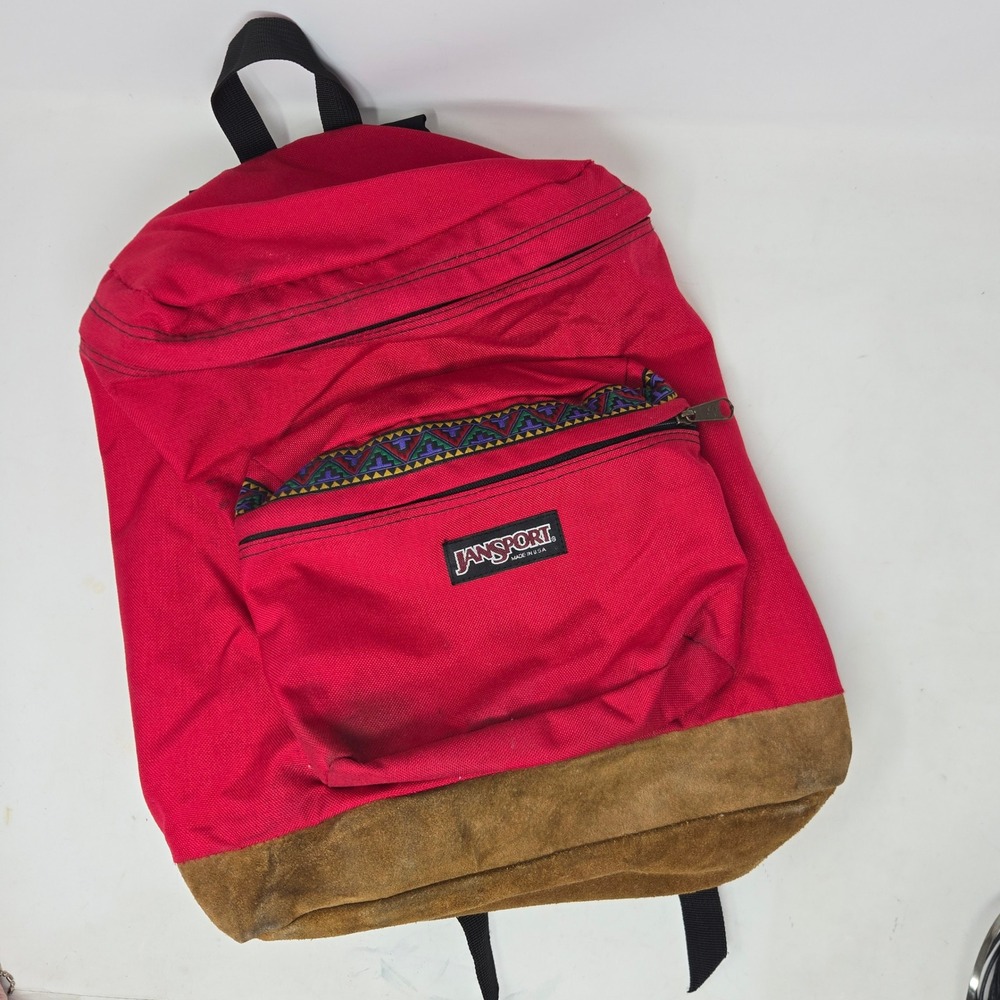 Vintage JanSport Backpack Red Canvas Suede Bottom Made in USA Geometric Trim